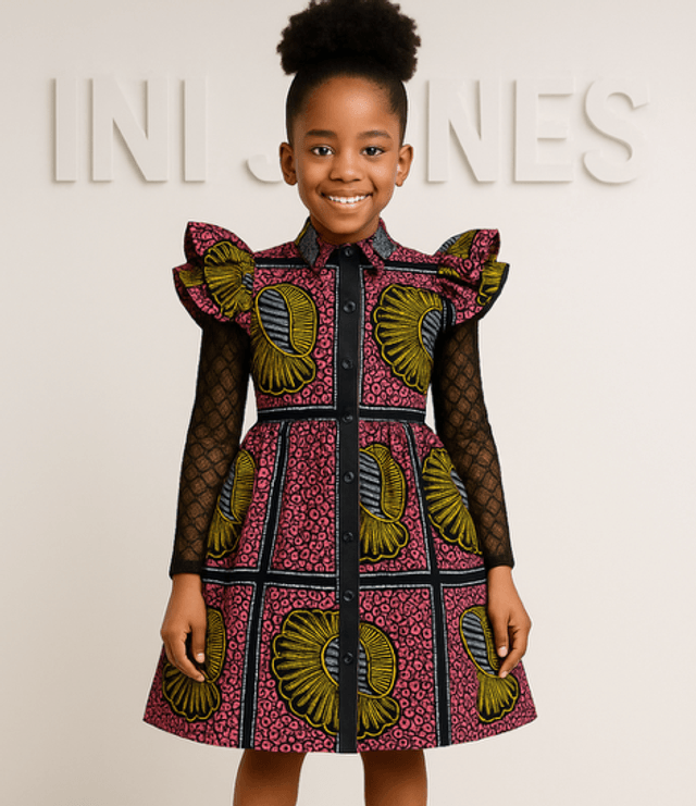 Pink & Yellow Ankara Ruffle-Sleeve Girl Party Casual Dress