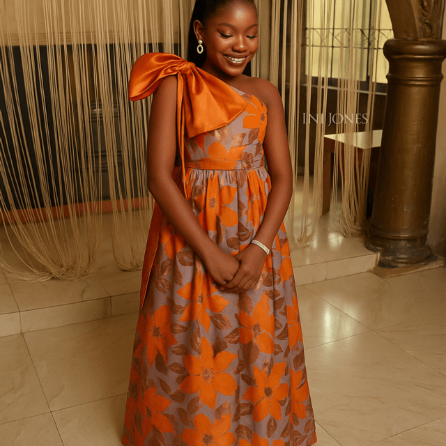 Orange Floral Damask One Shoulder Princess Girl Birthday Dress