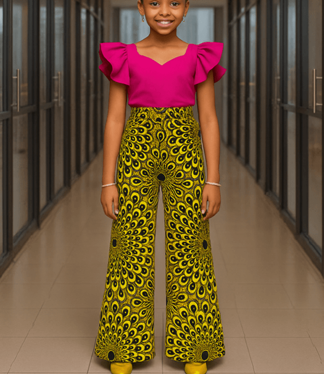 Pink Top & Ankara Wide-Leg Casual Birthday Party Girl Trousers Set