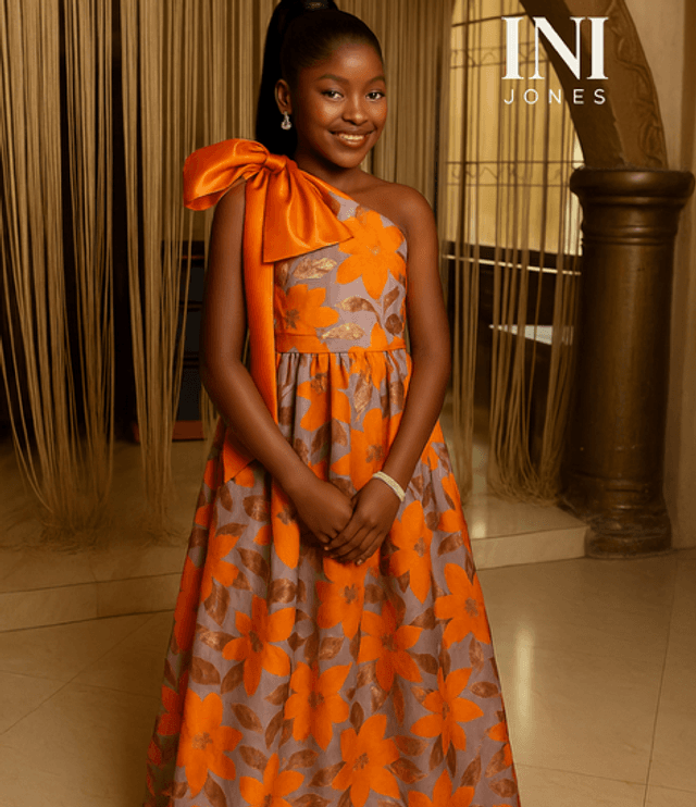 Orange Floral Damask One Shoulder Princess Girl Birthday Dress