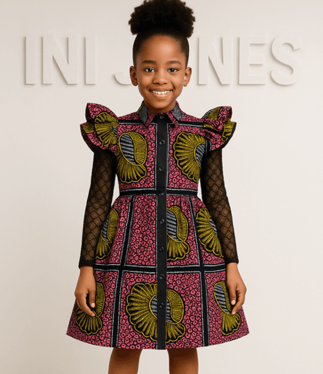 Pink &amp; Yellow Ankara Ruffle-Sleeve Girl Party Casual Dress